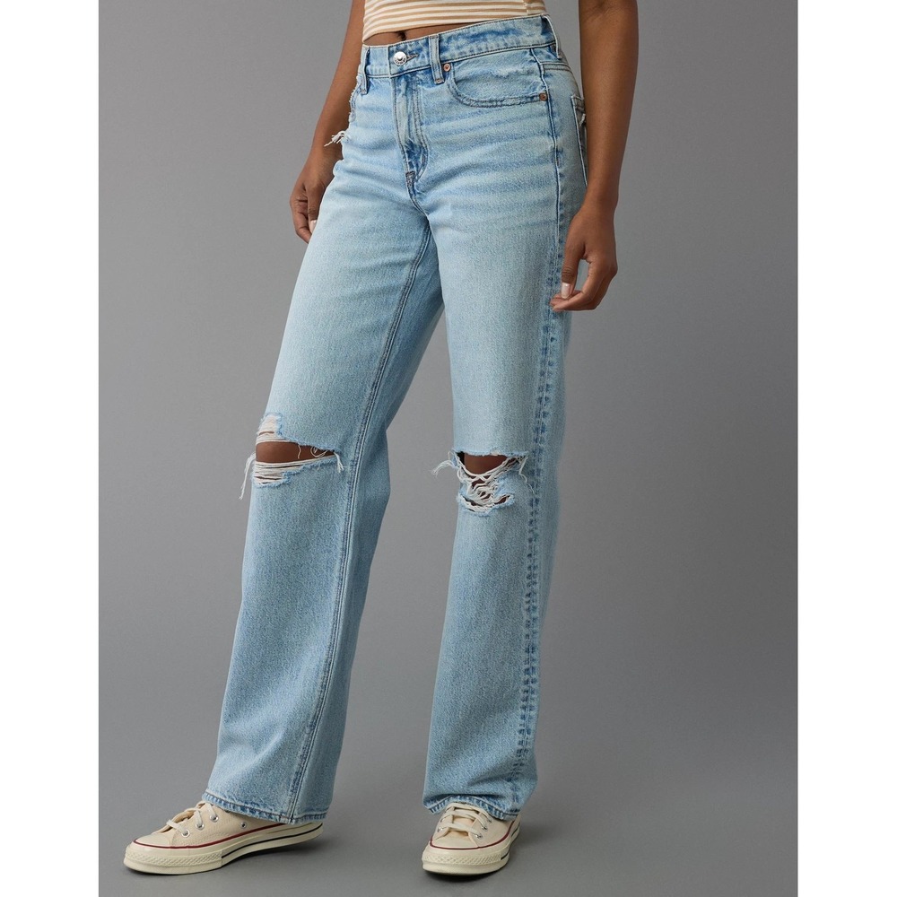 American Eagle Strigid Distressed Straight Leg Jeans Light Wash Women 10 Regular